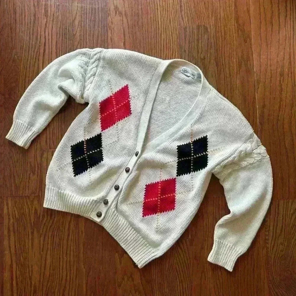 Vintage 90's Argyle Cardigan Sweater Shoulder Pads Country Club Prep size Large